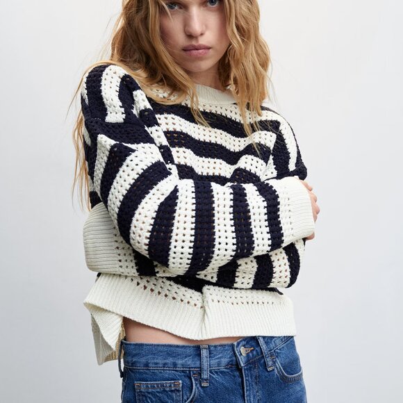 Mango Sweaters - Striped openwork knit sweater Navy Cream